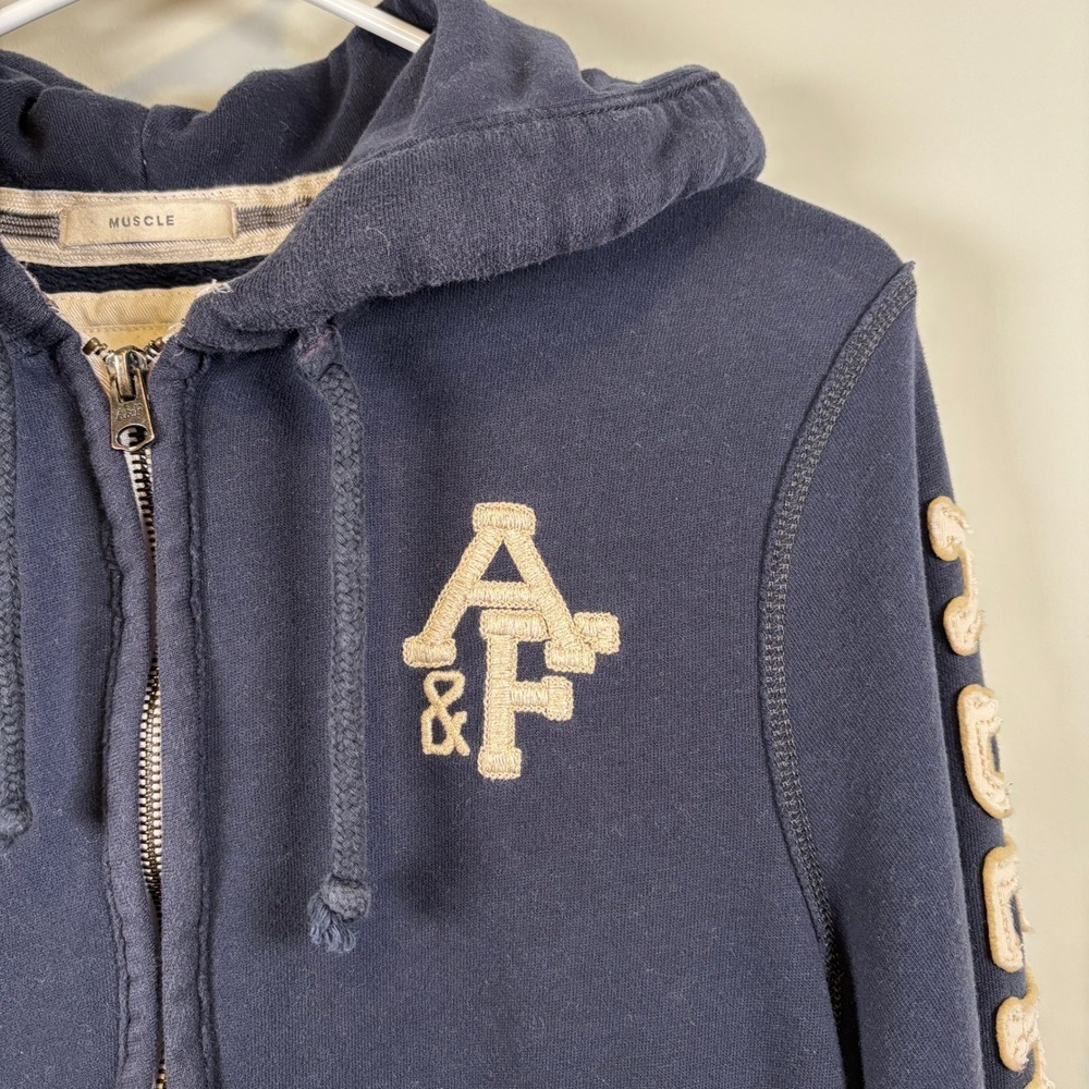 Vintage Abercrombie & Fitch Full Zip Hoodie Distressed Sleeve Logo Blue Unisex - Picture 3 of 11